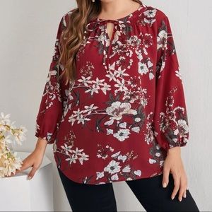Boho plus size floral tie neck blouse